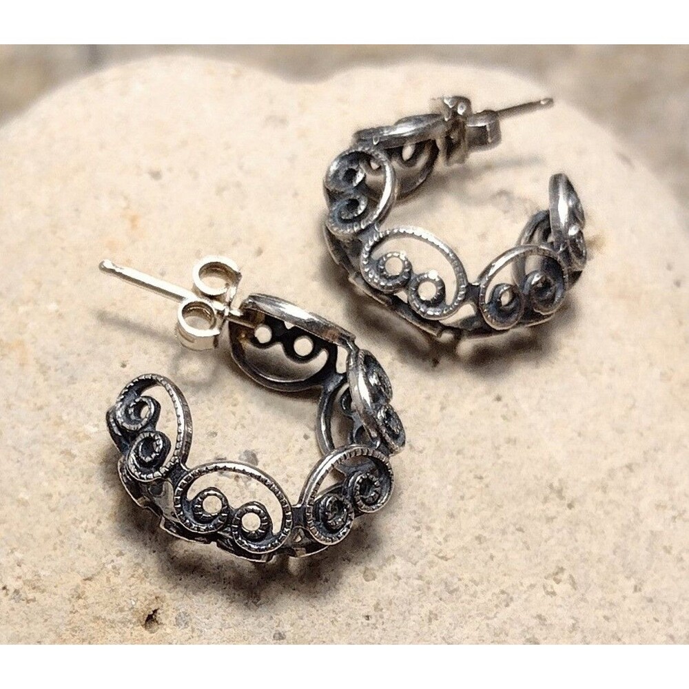 Vintage Sterling Silver Filigree Scroll Petite Hoop Earrings